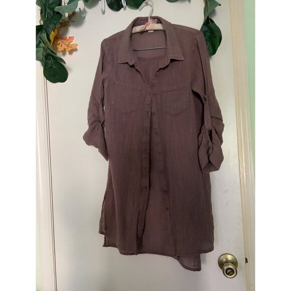 Loveriche Long Shirt Women 100% COTTON Size S Brown Roll Tab Long Sleeve Crinkle - Picture 1 of 11